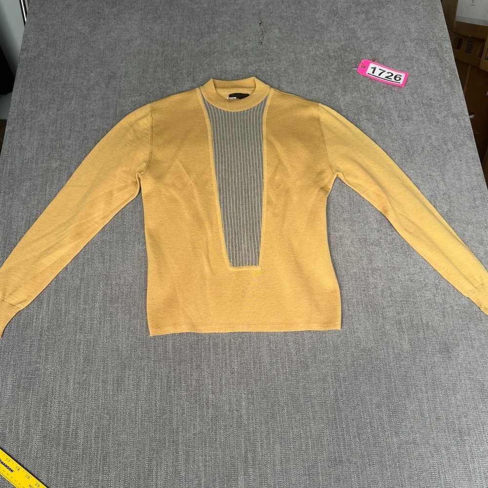 Vintage Tom Houlihan Sweater Mens 38 Yellow Striped Detail Long Sleeve Mock Neck